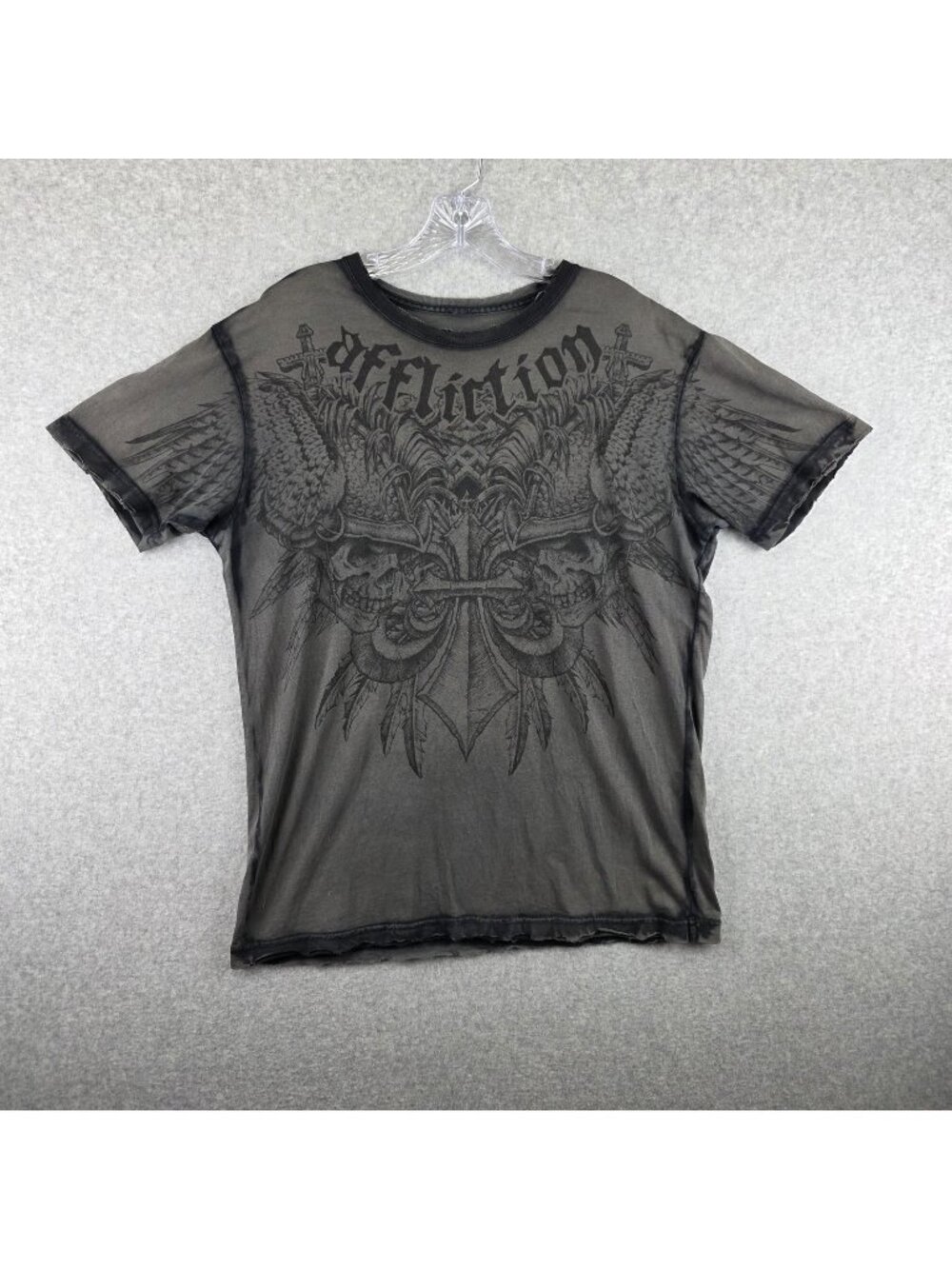 Affliction T-Shirt Mens M Gray Skull Wings Graphic Slim Fit Biker Grunge Cotton